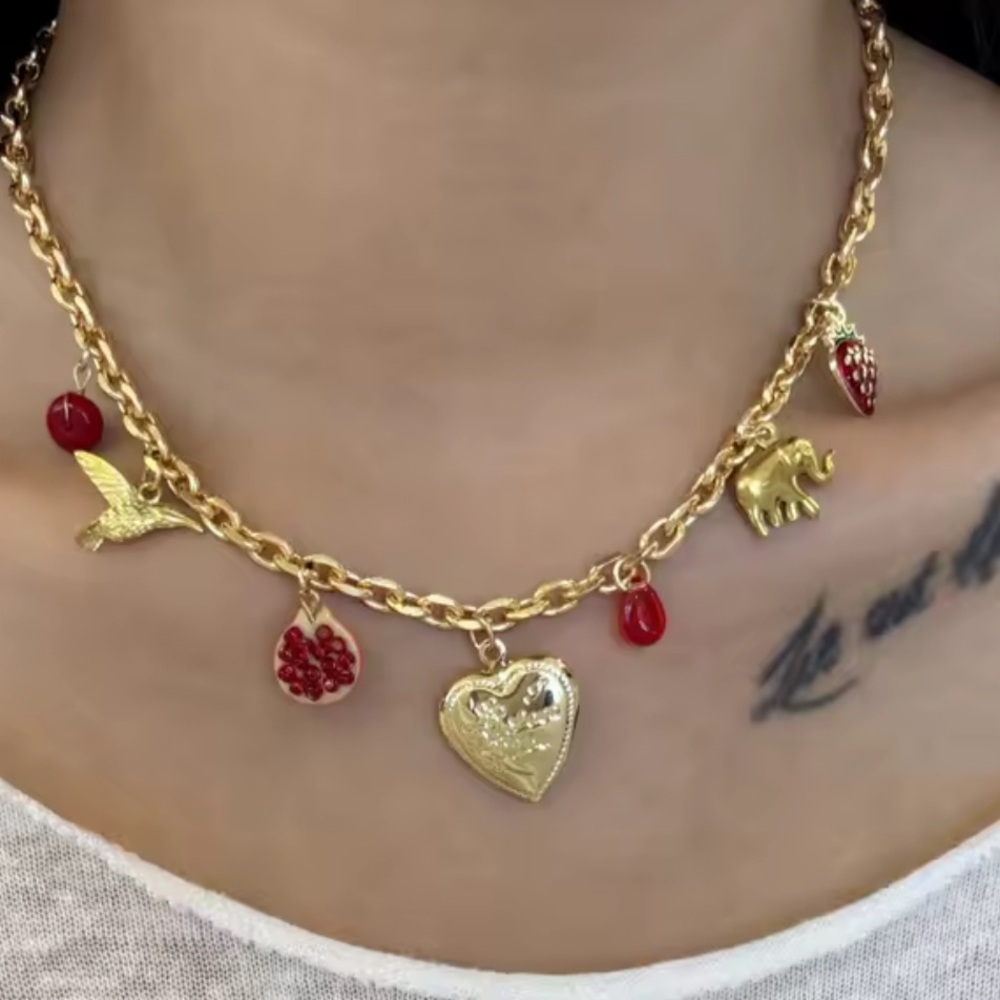 Stainless Charm Necklace with cherry, strawberry, elephant heart hummingbird